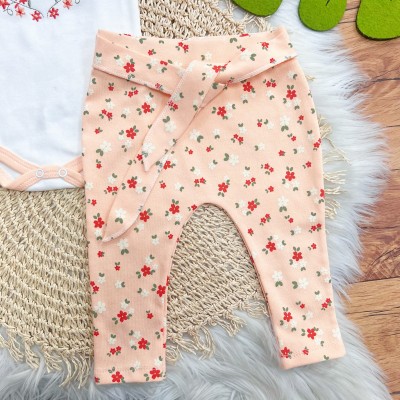  CONJ. DE MALHA 3 PEÇAS - Arco de Coração com Flores e Gola Gripyr - Salmão e Off White